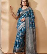 Teal blue color woven work silk blend saree with blouse