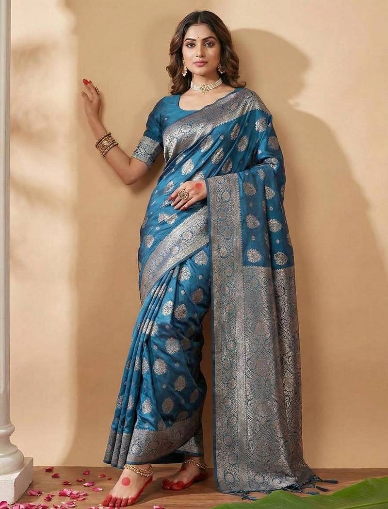 Teal blue color woven work silk blend saree with blouse