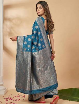 Teal blue woven work silk blend saree with blouse 2