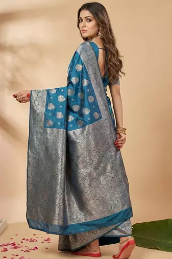 Teal blue color woven work silk blend saree with blouse
