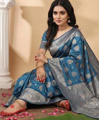 Teal blue woven work silk blend saree with blouse 3