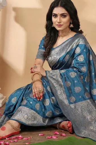 Teal blue color woven work silk blend saree with blouse
