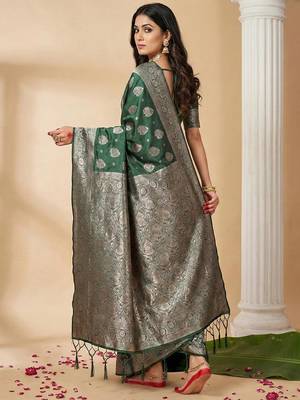 Dark green color woven work silk blend saree with blouse 2