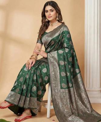 Dark green color woven work silk blend saree with blouse 3