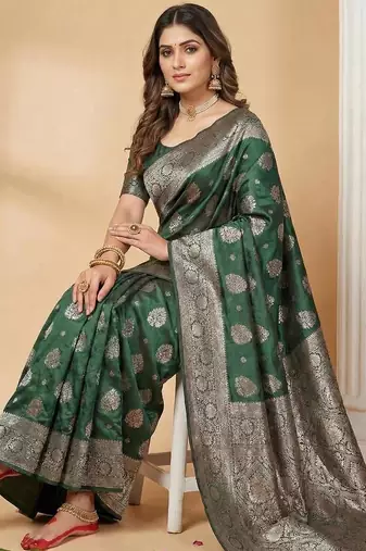 Dark green color woven work silk blend saree with blouse