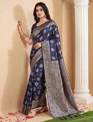 Navy blue color woven work silk blend saree with blouse 1