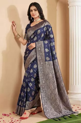 Navy blue color woven work silk blend saree with blouse