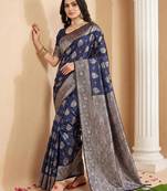 Navy blue color woven work silk blend saree with blouse
