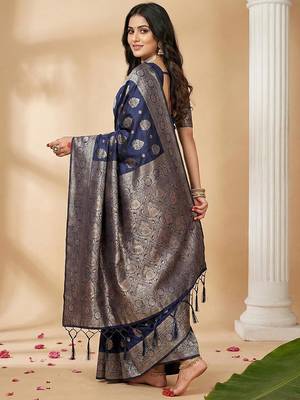 Navy blue color woven work silk blend saree with blouse 2