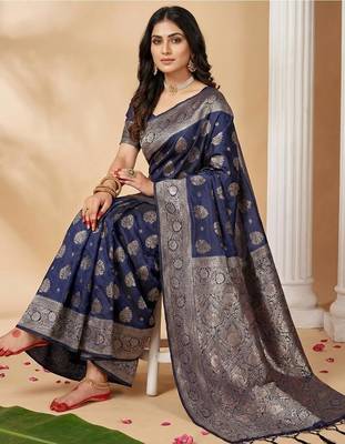 Navy blue color woven work silk blend saree with blouse 3