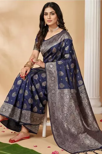 Navy blue color woven work silk blend saree with blouse