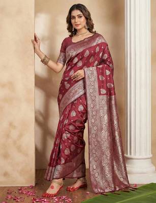 Maroon color woven work silk blend saree with blouse 1