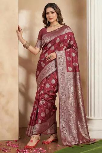 Maroon color woven work silk blend saree with blouse