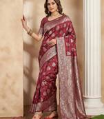 Maroon color woven work silk blend saree with blouse