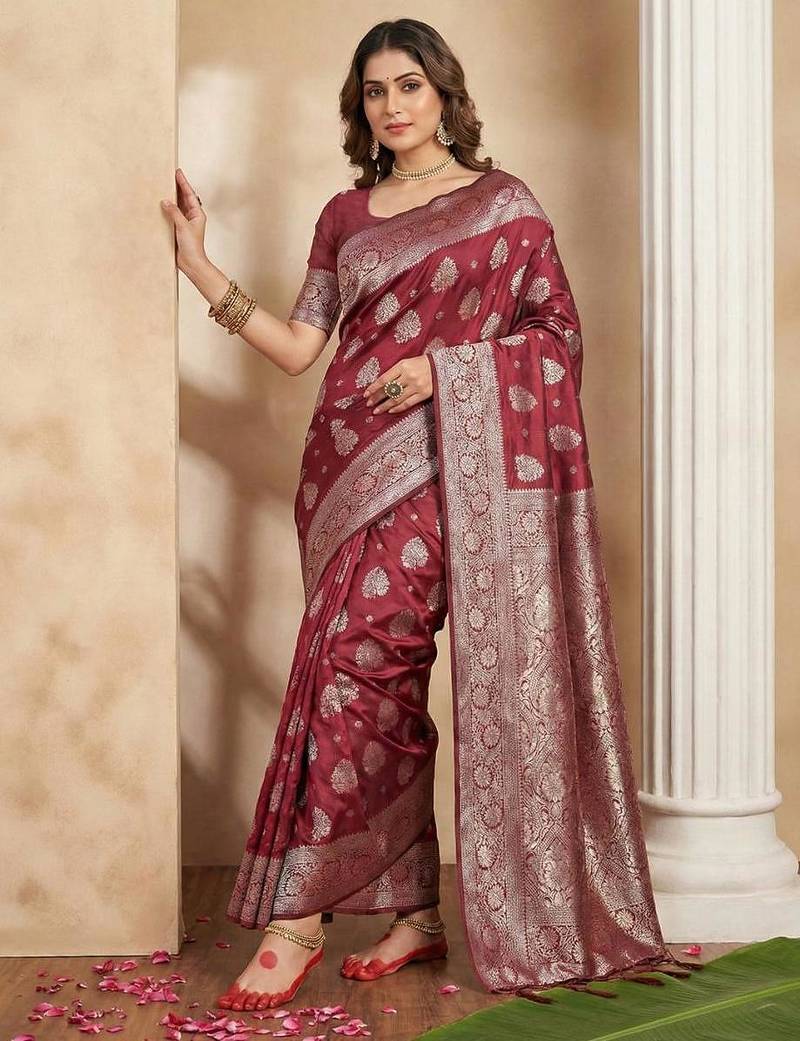 Maroon color woven work silk blend saree with blouse