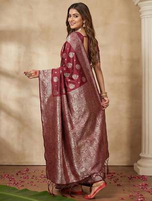 Maroon color woven work silk blend saree with blouse 2