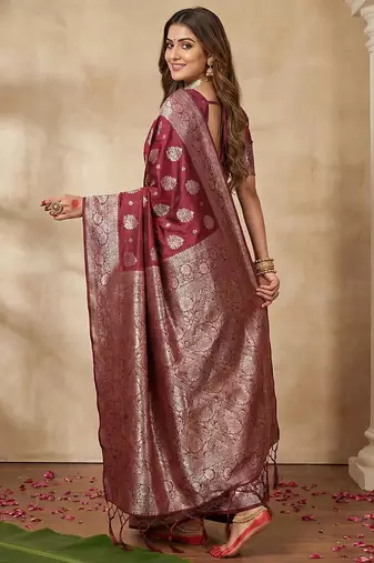 Maroon color woven work silk blend saree with blouse