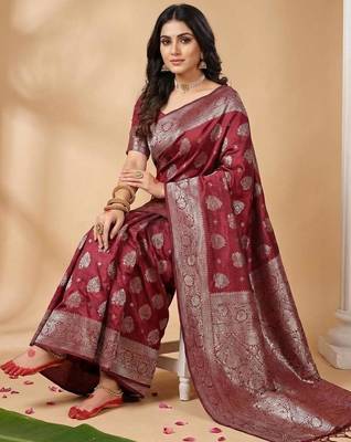 Maroon color woven work silk blend saree with blouse 3