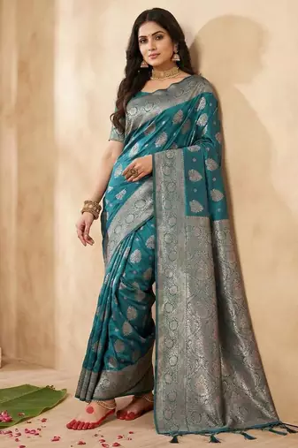 Sea green color woven work silk blend saree with blouse