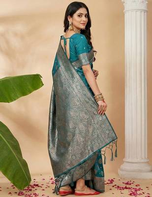 Sea green color woven work silk blend saree with blouse 2