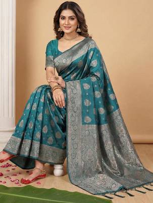 Sea green color woven work silk blend saree with blouse 3