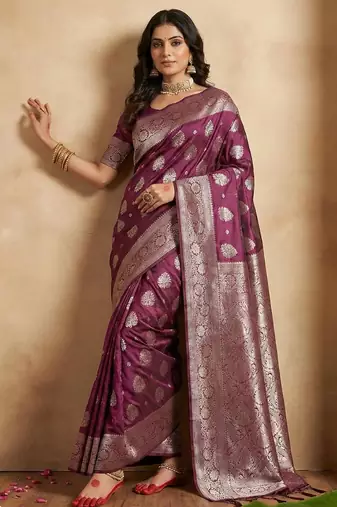 Purple color woven work silk blend saree with blouse