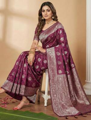 Purple color woven work silk blend saree with blouse 2
