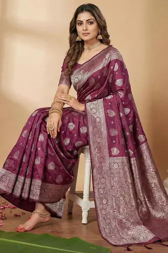 Purple color woven work silk blend saree with blouse