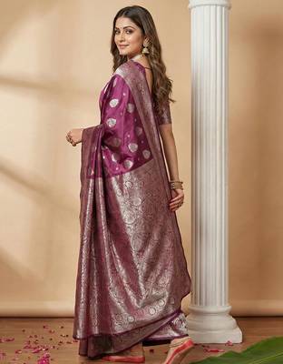 Purple color woven work silk blend saree with blouse 3