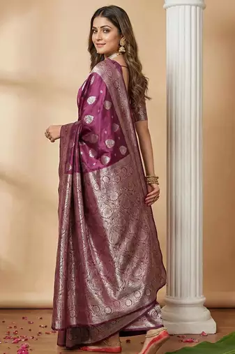 Purple color woven work silk blend saree with blouse