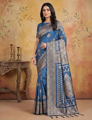 Skyblue woven work silk blend saree with blouse 1