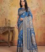 Skyblue color woven work silk blend saree with blouse