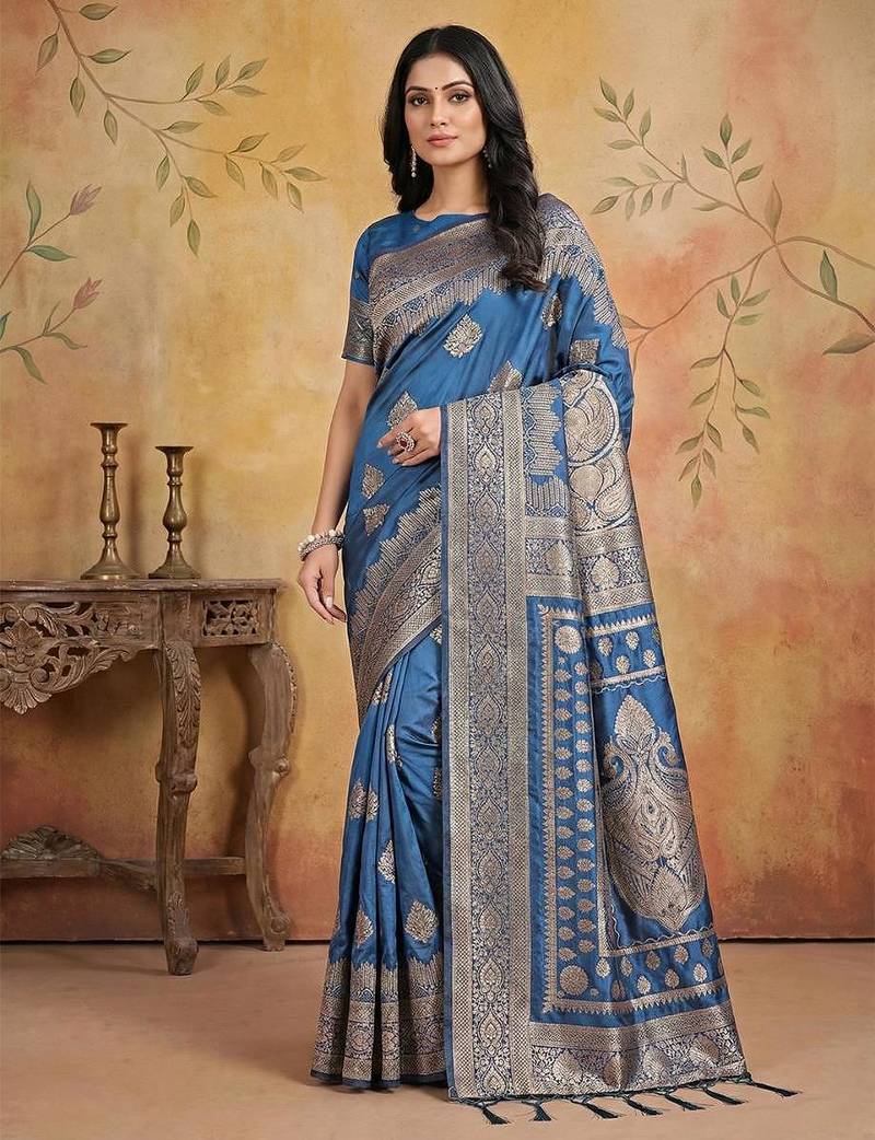 Skyblue color woven work silk blend saree with blouse
