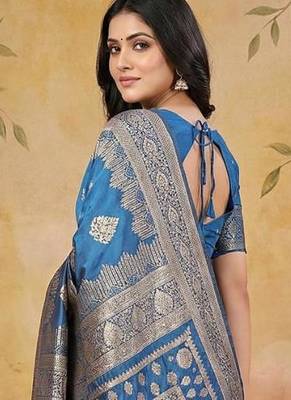 Skyblue woven work silk blend saree with blouse 2