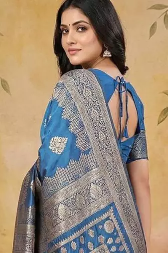 Skyblue color woven work silk blend saree with blouse