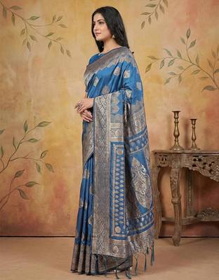 Skyblue woven work silk blend saree with blouse 3