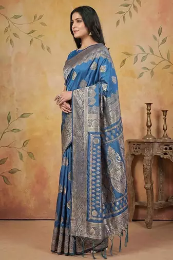 Skyblue color woven work silk blend saree with blouse