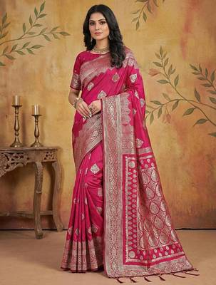 Magenta color woven work silk blend saree with blouse 1