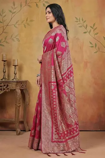Magenta color woven work silk blend saree with blouse