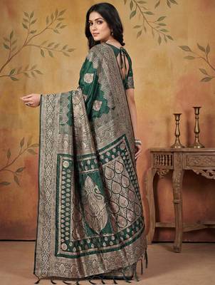 Green color woven work silk blend saree with blouse 2