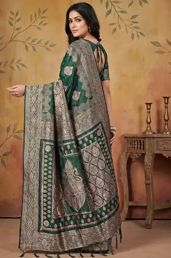 Green color woven work silk blend saree with blouse