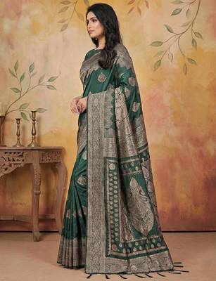 Green color woven work silk blend saree with blouse 3