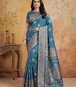 Tealblue color woven work silk blend saree with blouse