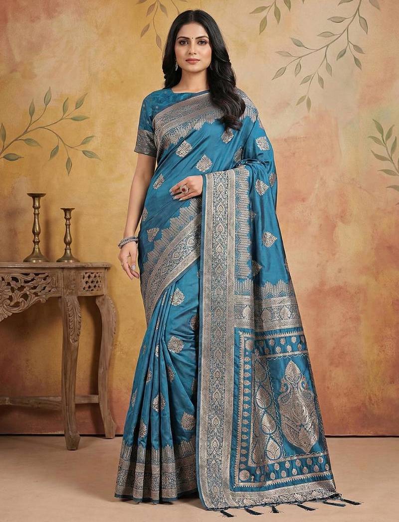 Tealblue color woven work silk blend saree with blouse