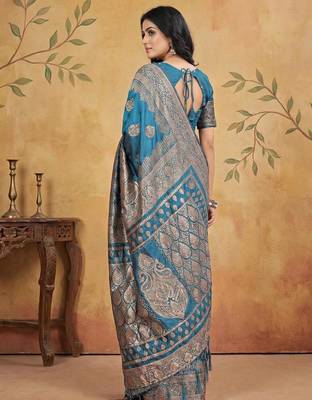 Tealblue color woven work silk blend saree with blouse 3