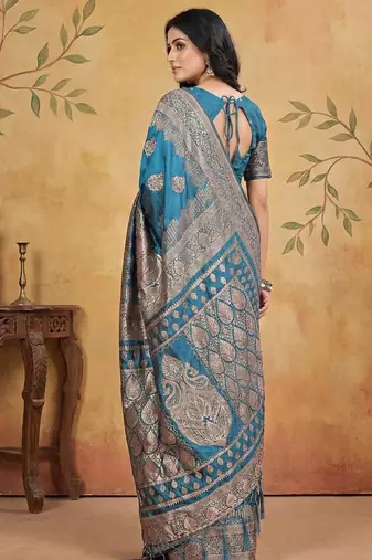 Tealblue color woven work silk blend saree with blouse