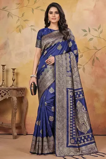 Navy blue color woven work silk blend saree with blouse