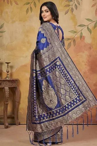 Navy blue color woven work silk blend saree with blouse
