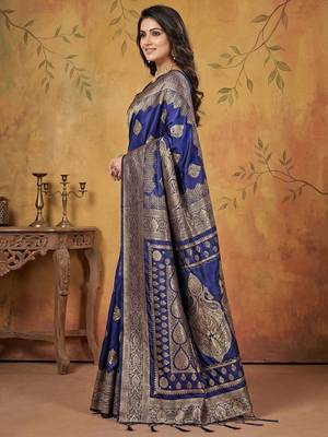 Navy blue color woven work silk blend saree with blouse 3