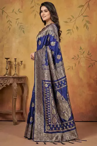 Navy blue color woven work silk blend saree with blouse
